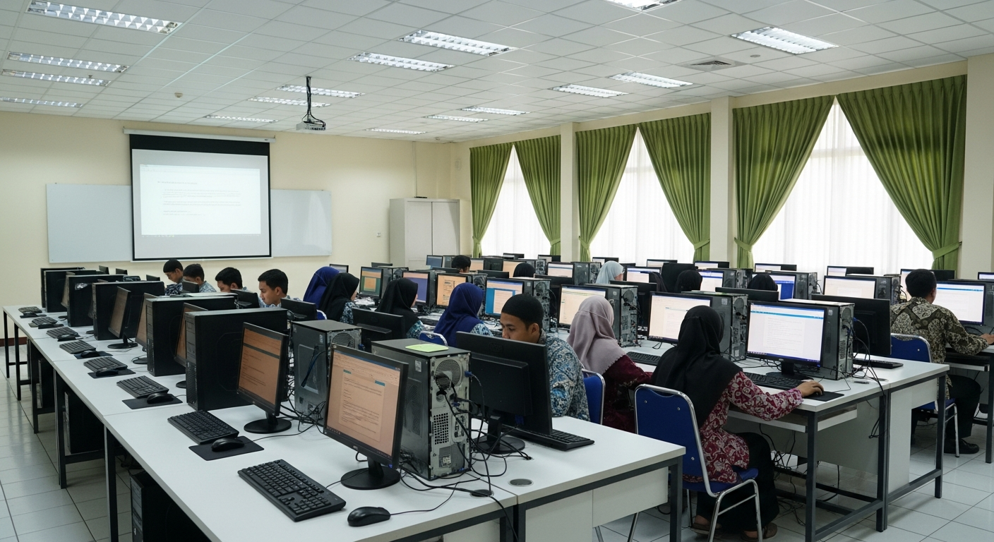AI_IMAGE: A computer laboratory at an Indonesian Islamic college. Rows of desktop computers on clean white desks. Students work at the computers. The room is well-lit with fluorescent lighting and has green curtains on the windows. A projector screen is visible at the front. The environment is modern, organized, and functional. | photorealistic | landscape