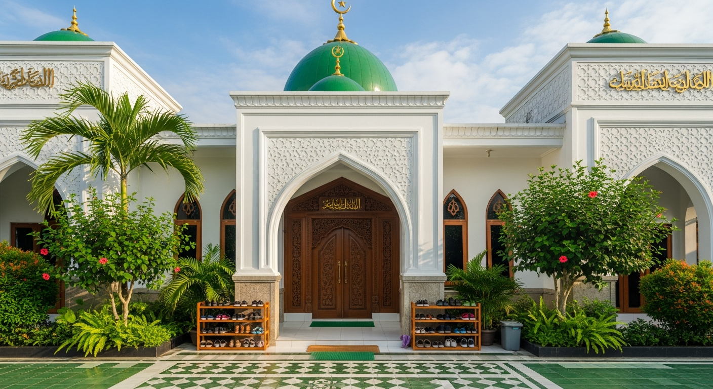 AI_IMAGE: A clean and well-maintained campus mosque at an Indonesian Islamic college. The mosque features white walls with green dome and gold crescent on top. A tiled courtyard with shoe racks near the entrance. Tropical plants surround the mosque. The architecture shows traditional Indonesian Islamic style with arched doorways. Warm morning light illuminates the scene. | photorealistic | landscape