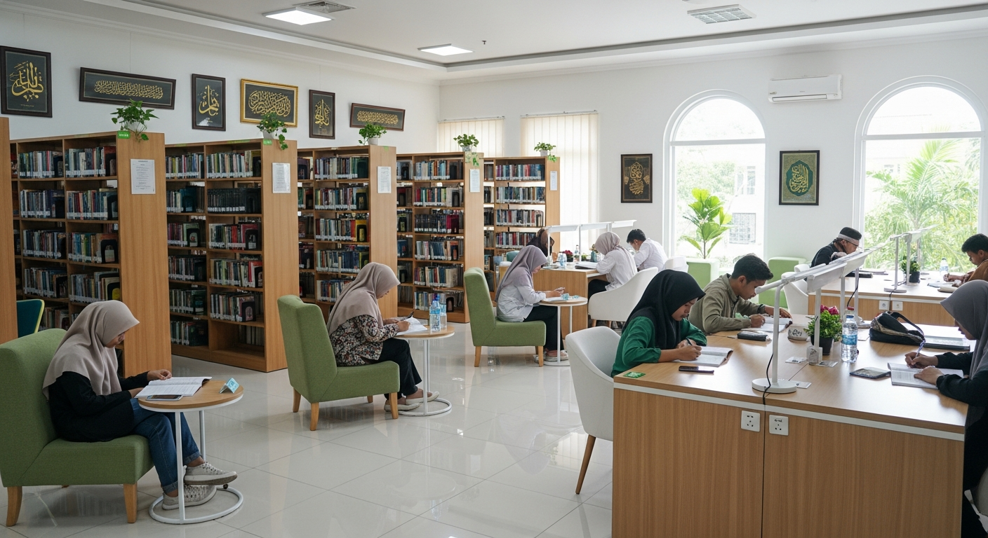 AI_IMAGE: Interior of a bright and modern library reading room at an Indonesian Islamic college. Rows of wooden bookshelves filled with books, comfortable reading chairs, and study desks. Natural sunlight streams through large windows. Students study quietly. Clean and organized space with green and white decor accents. | photorealistic | landscape