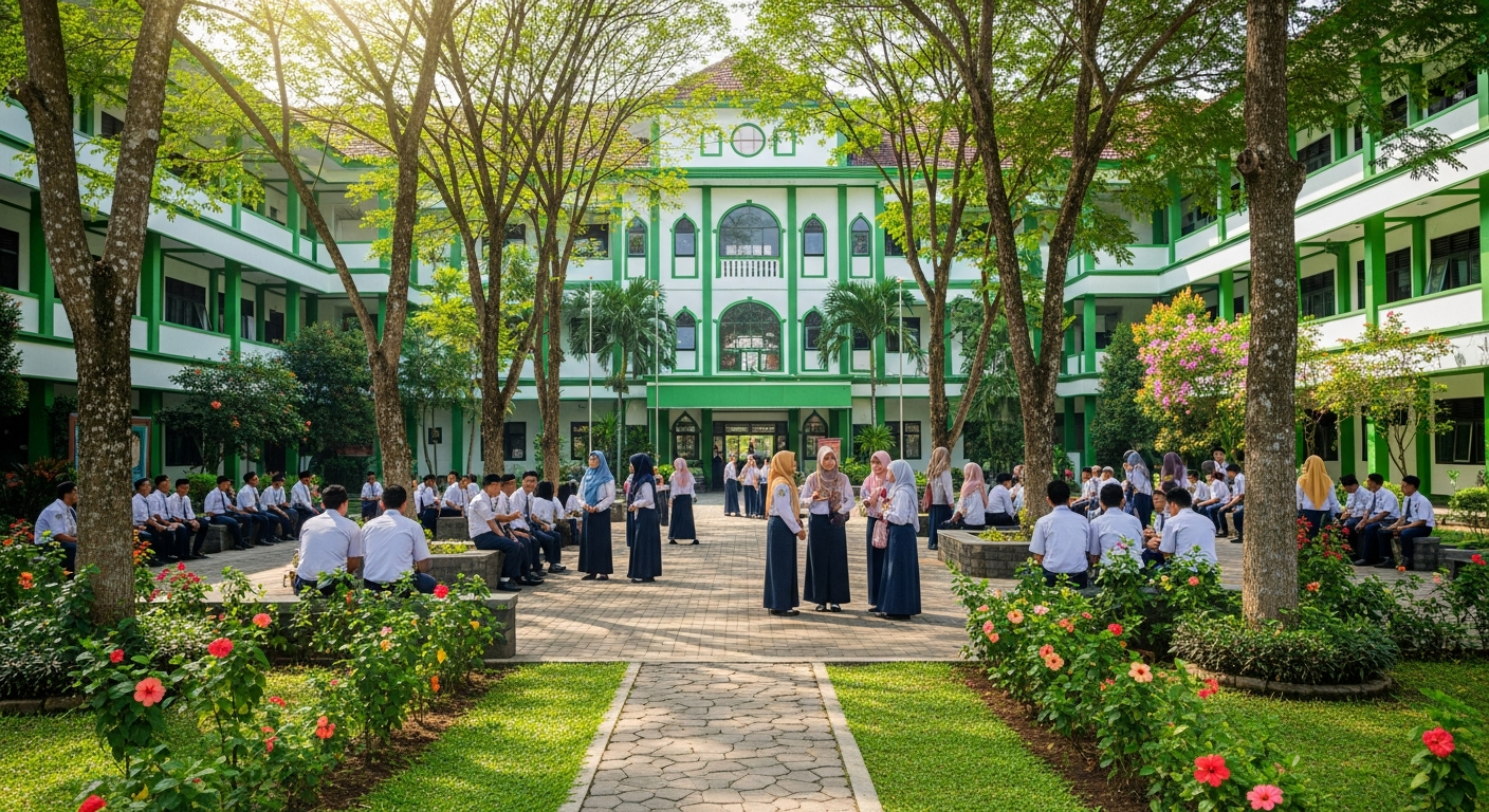 AI_IMAGE: Students socializing in the courtyard of an Indonesian Islamic college campus. Groups of students in neat uniforms and hijab chat under shady tropical trees. The campus building with green and white paint is visible in the background. Flower beds and a small garden path create a pleasant atmosphere. Warm afternoon sunlight filters through the leaves. | photorealistic | landscape