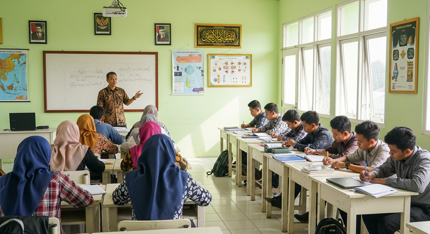 AI_IMAGE: A bright classroom in an Indonesian Islamic college with students attending a lecture. The lecturer stands at the front near a whiteboard. Students sit at desks taking notes. The room has green painted walls and large windows letting in natural light. Educational posters and Islamic calligraphy are on the walls. The atmosphere is engaged and attentive. | photorealistic | landscape