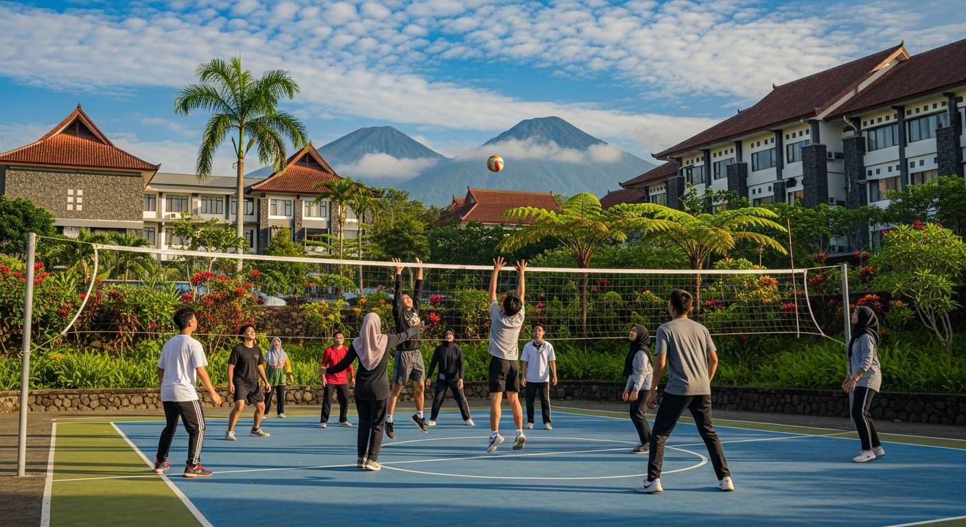 AI_IMAGE: Students playing volleyball on an outdoor court at an Indonesian highland campus. The court is surrounded by tropical greenery and the campus buildings are visible in the background. Mountains and blue sky frame the scene. The mood is energetic and fun with warm afternoon light. | photorealistic | landscape