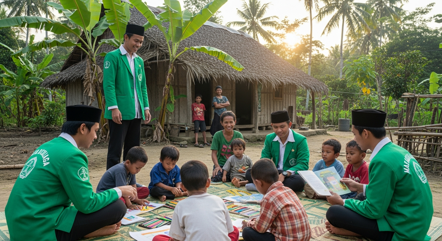 AI_IMAGE: A community service event by Indonesian Islamic college students in a rural village. Students wearing matching green shirts help local villagers with educational activities for children. A simple rural house and tropical vegetation are in the background. The scene feels warm, communal, and purposeful. | photorealistic | landscape