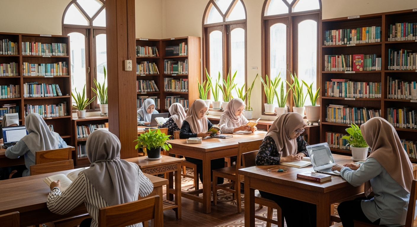 AI_IMAGE: Interior of a cozy college library in an Indonesian Islamic institution. Students wearing hijab are reading at wooden tables. Bookshelves filled with colorful books line the walls. Natural light comes through windows. Green plants decorate the room. The atmosphere is quiet and studious. | photorealistic | landscape