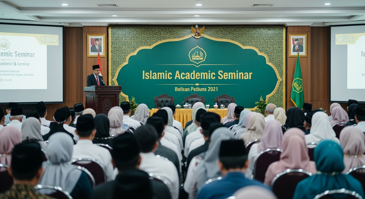 AI_IMAGE: A seminar event at an Indonesian Islamic college. A speaker presents at a podium with a green and gold backdrop banner reading Islamic academic seminar. Audience members in formal attire and hijab sit in rows of chairs in a large meeting hall. The lighting is bright and professional. | photorealistic | landscape