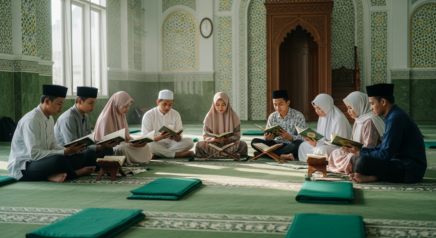 AI_IMAGE: A group of Indonesian Muslim students sitting in a circle on a carpeted floor in a prayer room, each holding an open Quran and reciting together. The room has soft natural light, green prayer mats, and Islamic geometric wall decorations. The atmosphere is peaceful, devotional, and focused. | photorealistic | landscape