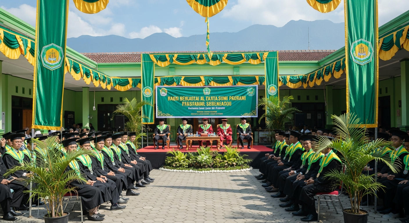 AI_IMAGE: A graduation ceremony at an Indonesian Islamic college. Rows of students in black graduation gowns and caps sit in an outdoor courtyard decorated with green and gold banners. Faculty members in formal attire sit on a stage with a podium. The scene is festive with tropical plants visible and mountains in the background under clear blue sky. The mood is joyful and celebratory. | photorealistic | landscape