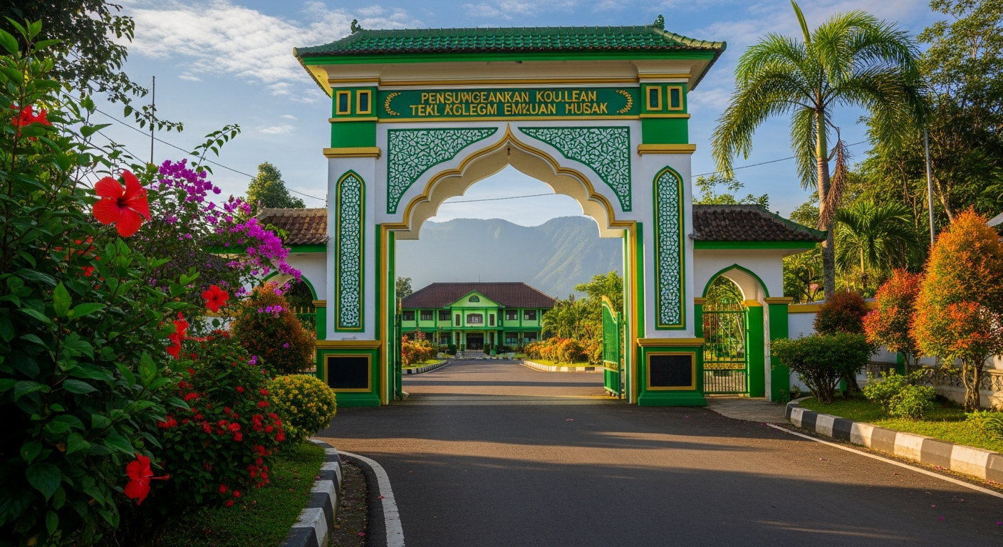 AI_IMAGE: A welcoming view of the entrance gate of an Indonesian Islamic college campus in a small highland town. The gate features Islamic arch design painted in green and white with gold accents. A paved road leads to the main campus building visible behind the gate. Tropical plants and flowers frame the entrance. Morning light creates warm shadows and the highland mountains are visible in the background under blue sky. | photorealistic | landscape