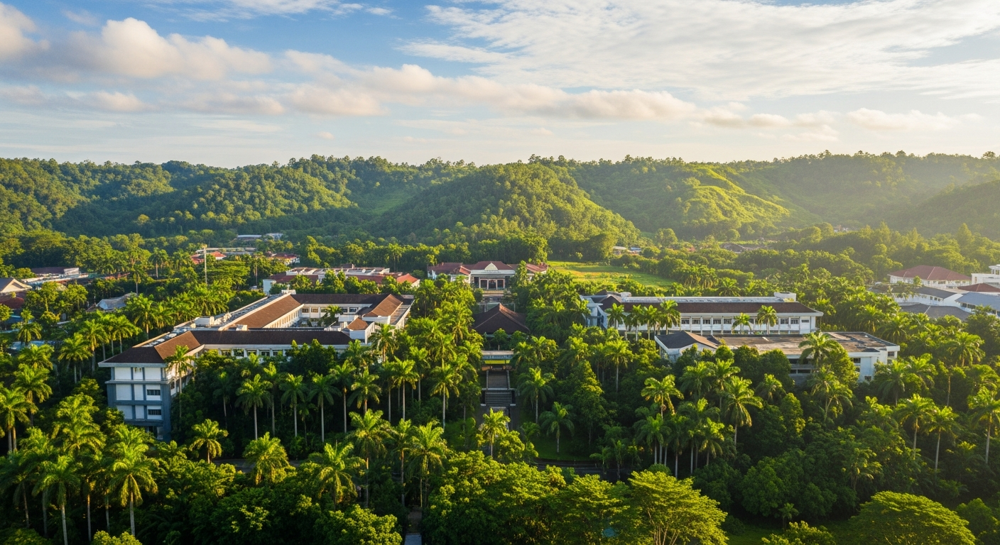 AI_IMAGE: An aerial view of a lush Indonesian highland campus surrounded by tropical greenery, palm trees, and rolling green hills under a bright blue sky with scattered white clouds. The scene is vibrant and fresh with warm morning sunlight illuminating the landscape. Soft focus with a dreamy quality. | photorealistic | landscape