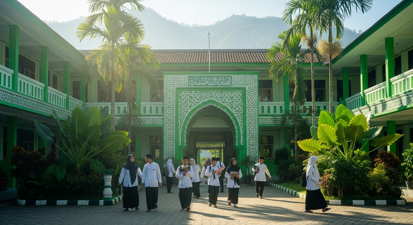 AI_IMAGE: A warm photograph of the front entrance of an Indonesian Islamic college building in Sidikalang, Dairi. The building has green and white painted walls with Islamic geometric decorations. Students are walking in the courtyard. Lush tropical plants and palm trees frame the building. Morning sunlight creates a welcoming atmosphere with the highland mountains visible in the background. | photorealistic | landscape